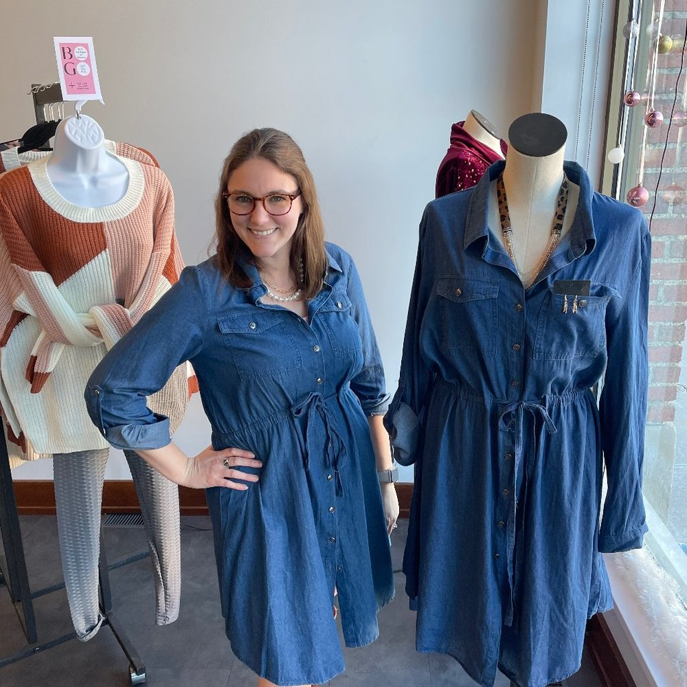 Button Up Drawstring Waist Denim Chambray Dress - Dk Blue